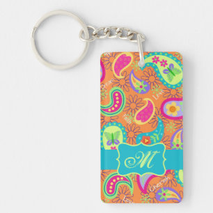 Porte-clefs Orange Turquoise Moderne Paisley Motif Monogramme