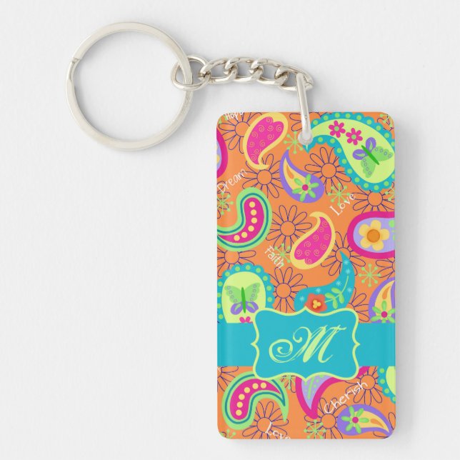 Porte-clefs Orange Turquoise Moderne Paisley Motif Monogramme (Devant)