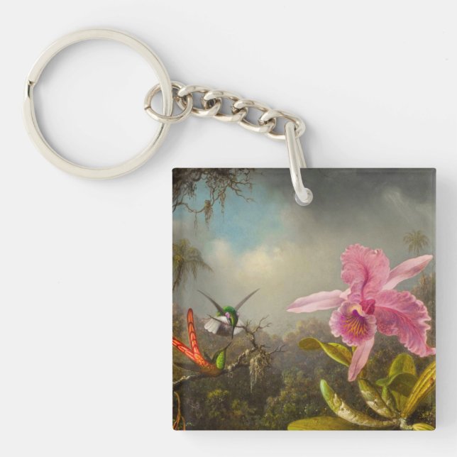 Porte-clefs Orchidée avec deux colibris Heade (Devant)