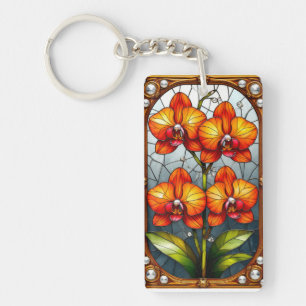 Porte-clefs Orchidées orange vibrant dans un cadre ornemental