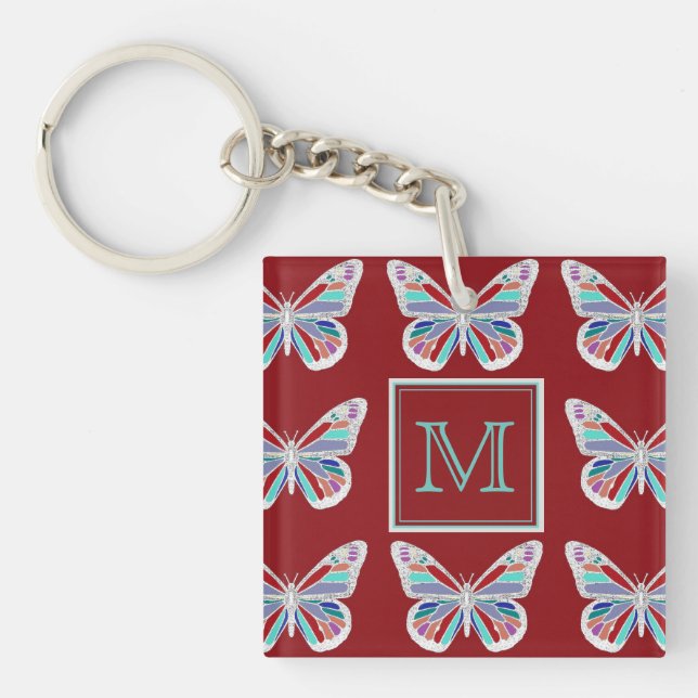 Porte-clefs Ornate Butterflies Burgundy Pattern Monogram (Devant)