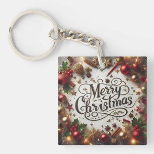 Porte-clefs Ornements élégants or et rouge Joyeux Noël