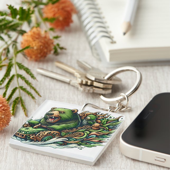 Porte-clefs Ours Animés à bord d'une voiture verte (Devant Droit)