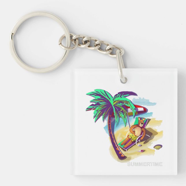 Porte-clefs Ours d'été relaxant sur la plage tropicale (Devant)