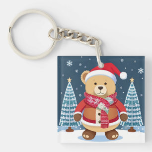 Porte-clefs Ours en peluche festif avec chapeau de Père Noël