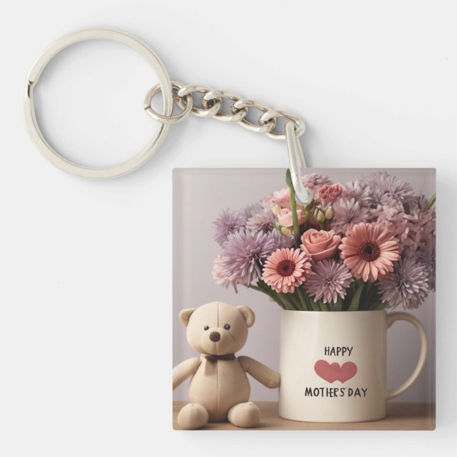 Porte-clefs Ours en peluche, Fleurs et Mug de café (Devant)