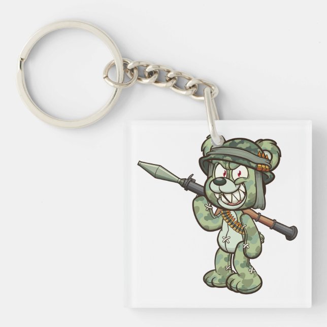 Porte-clefs ours en peluche portant un casque militaire et ten (Devant)