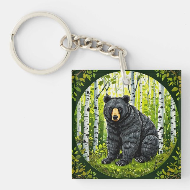 Porte-clefs Ours noir dans une forêt de bouleaux (Devant)