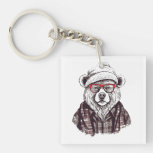 Porte-clefs Ours Rétro aux Lunettes Rouges