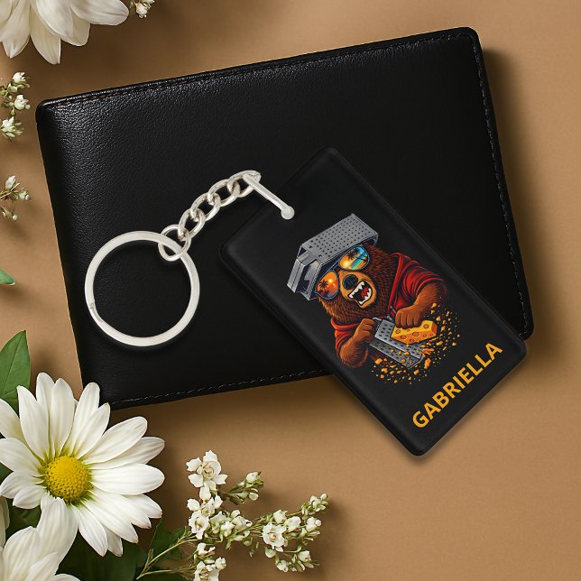 Porte-clefs Ours Rétro Avec Chapeau Râpe à Fromage et Lunettes (Front and back with the same image and text)