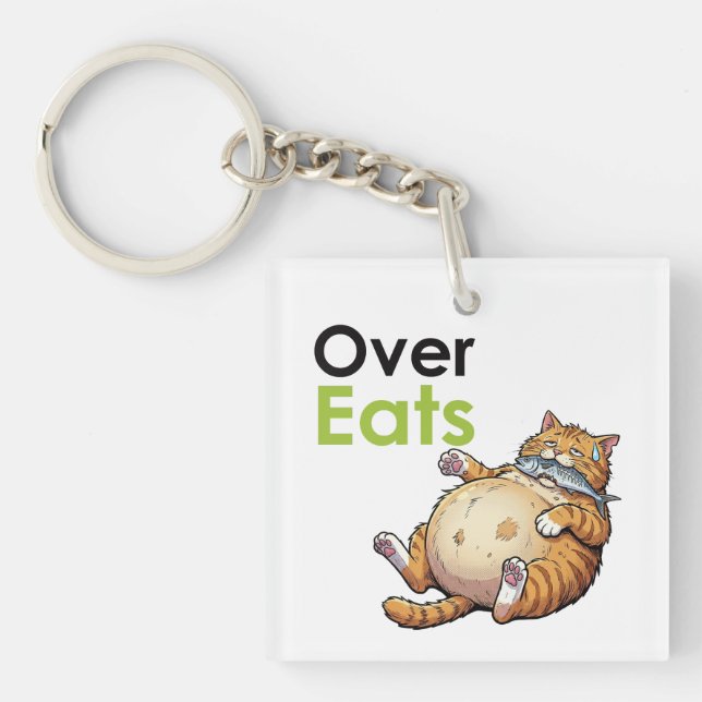 Porte-clefs Over Eats - Funny Fat Cat Eating Fish Cartoon (Devant)