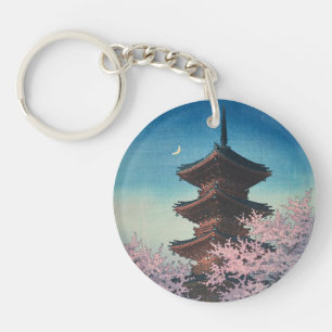 Porte-clefs Pagode de printemps japonaise vintage en gravure s
