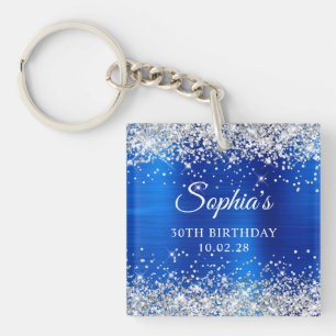 Porte-clefs Paillettes Argentées Bleu Royal Feuille 21e Annive