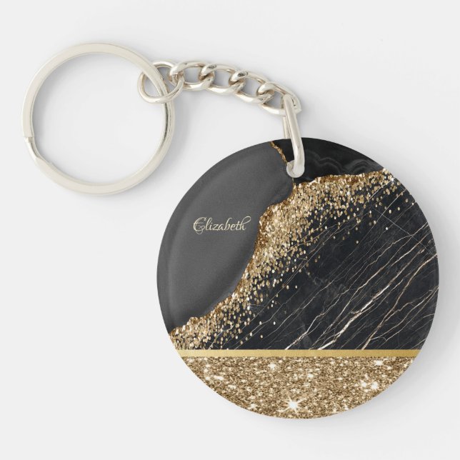 Porte-clefs Paillettes de strass doré élégant sur fond marbre  (Devant)