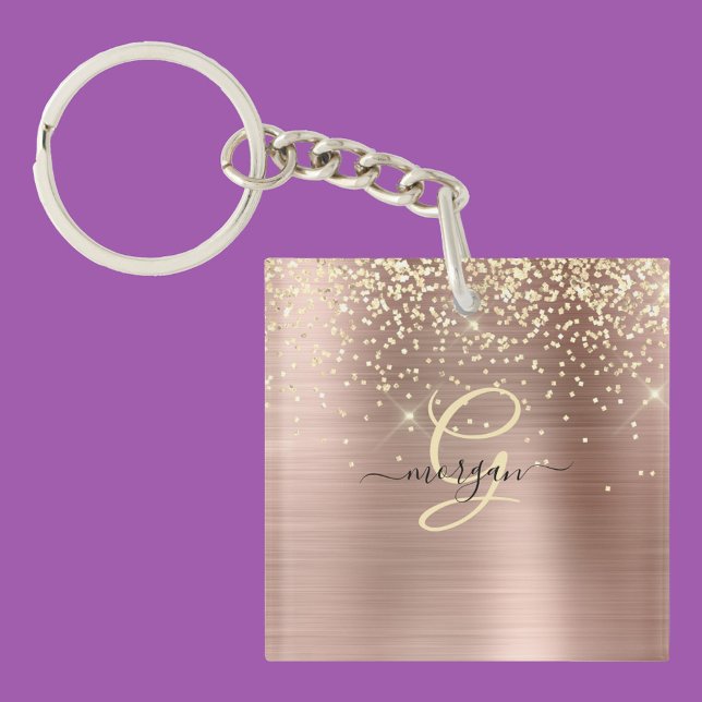 Porte-clefs Paillettes dorées, monogramme doré, nom en script  (Créateur téléchargé)