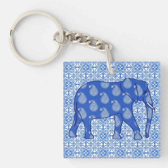 Porte-clefs Paisley éléphant - bleu cobalt et blanc (Devant)