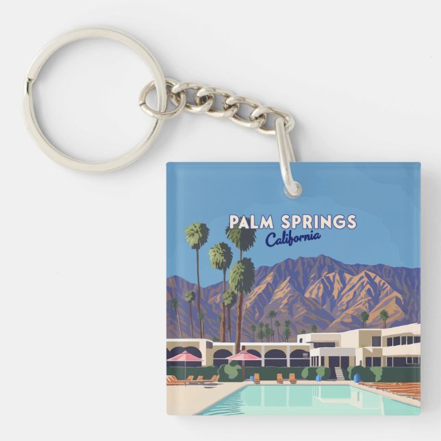 Porte-clefs Palm Springs California Pool Hotel Trees Retro (Devant)