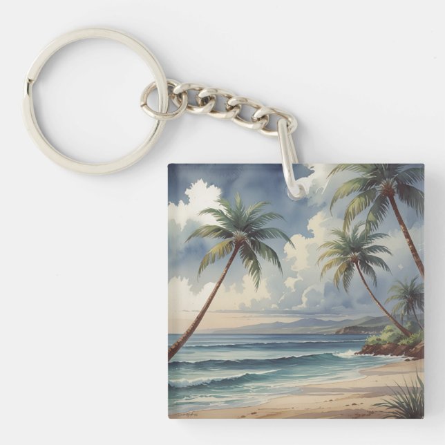Porte-clefs Palm Trees Hawaiian Travel Honolulu Blue Sea (Devant)