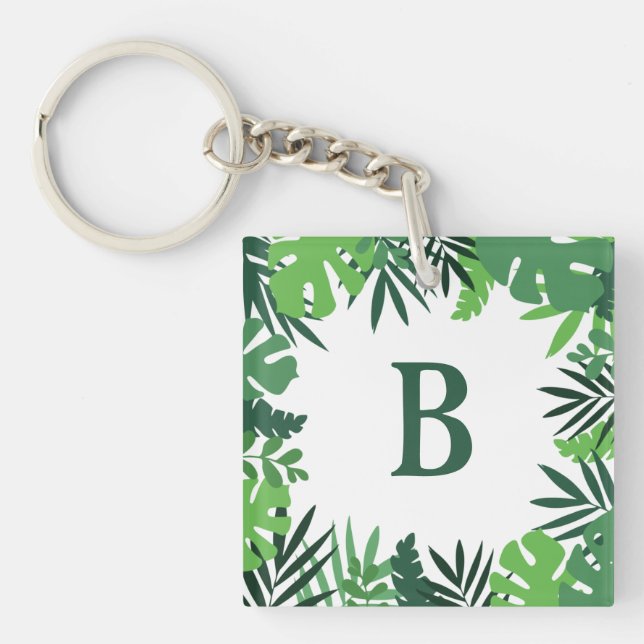 Porte-clefs Palme fleurie verte feuilles ajouter monogramme (Devant)