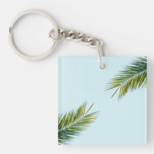 Porte-clefs Palmier Vert Tropical sur Fond Bleu Clair