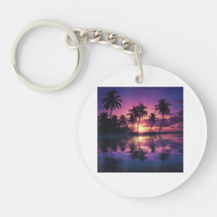 Porte-clefs Palmiers de la plage au coucher de soleil violet 