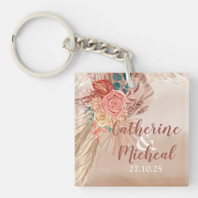 Porte-clefs Pampas Grass Floral Terracotta Boho Chic Mariage (Devant)