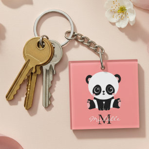 Porte-clefs Panda à assise mignonne Monogramme Saumon personna