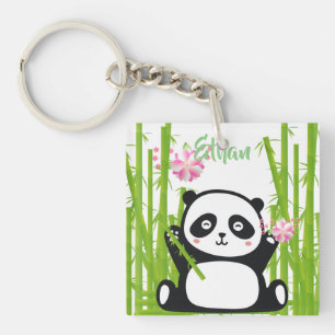 Porte-clefs Panda heureux avec bambou et fleurs de cerisiers