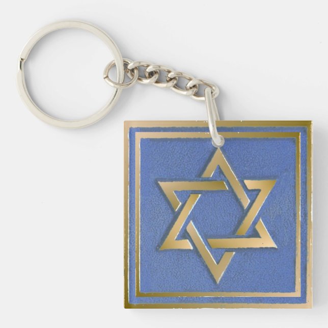 Porte-clefs Panneau d'art en étoile de David bleu or  (Devant)