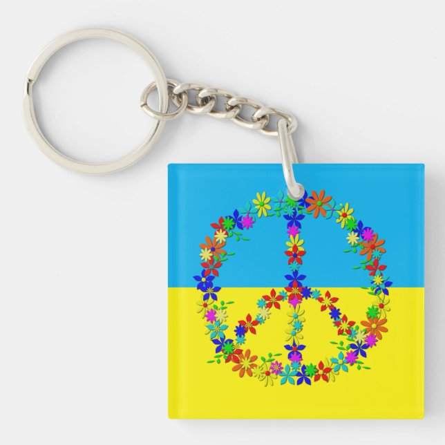 Porte-clefs Panneau de paix avec fleurs, bouton drapeau ukrain (Devant)