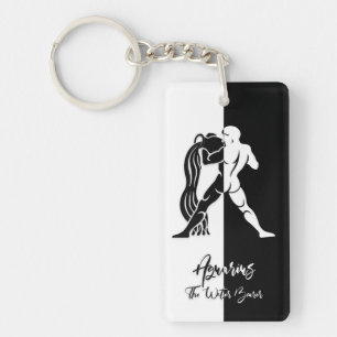 Porte-clefs Panneau Zodiac Aquarius, Porte - clé noir et blan