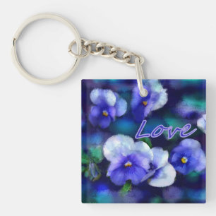 Porte-clefs Pansies Bleues Fleur Pansy Floral Turquoise "Amour
