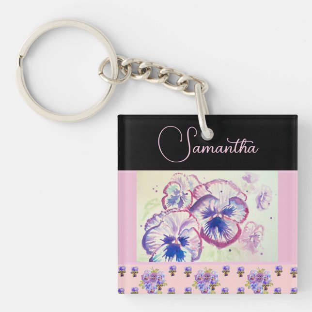 Porte-clefs Pansies rose Pansy Aquarelle Fleurie art (Devant)