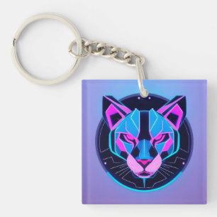 Porte-clefs Panthère néon futuriste au visage en art géométriq