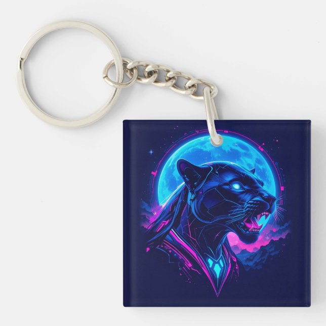 Porte-clefs Panthère noire néon Cyberpunk (Devant)