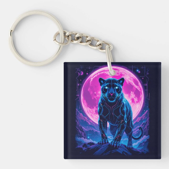 Porte-clefs Panthère noire néon Cyberpunk (Devant)
