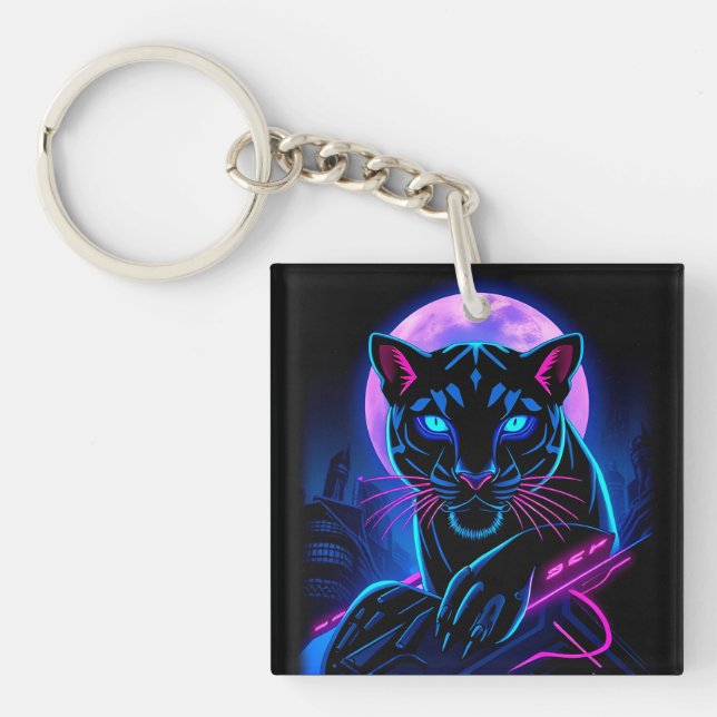 Porte-clefs Panthère noire néon Cyberpunk (Devant)