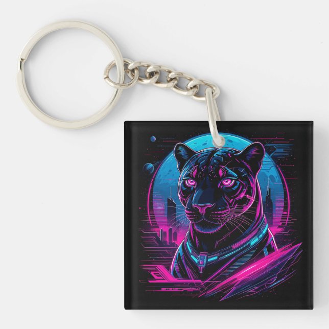 Porte-clefs Panthère noire néon Cyberpunk (Devant)