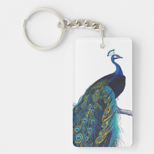 Porte-clefs Paon bleu avec de belles plumes de queue (Devant)