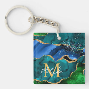 Porte-clefs Paon bleu et vert Fausse agate scintillante