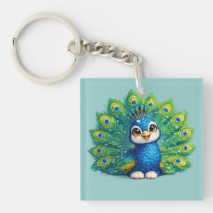 Porte-clefs Paon mignon avec grand yeux dessin d'oiseau Kawaii