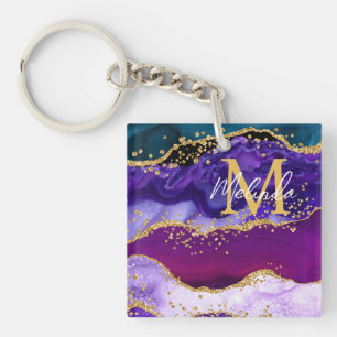 Porte-clefs Paon Violet et Bleu Faux Paillettes Agate