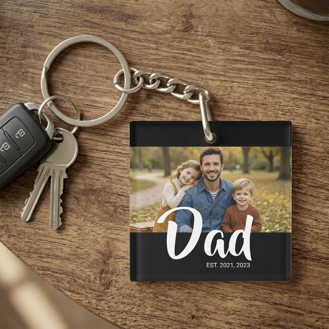 Porte-clefs Papa a établi une photo de script moderne (Dad Established Modern Script Photo Keychain)