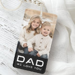 Porte-clefs Papa on t'aime fête des pères photo noir<br><div class="desc">Porte - clé avec le texte "Papa" dans une police moderne avec le texte personnalisable "nous t'aimons" ci-dessous. Ci-dessus est un modèle photo personnalisable. Les couleurs par défaut sont le noir et le blanc,  mais toutes les couleurs peuvent être customisées dans l'outil de conception.</div>