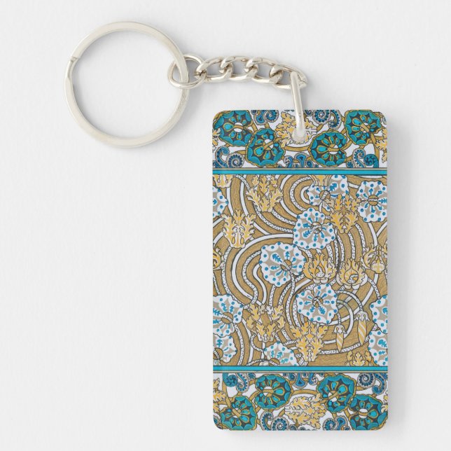 Porte-clefs papier peint bleu art nouveau cyclamen (Devant)