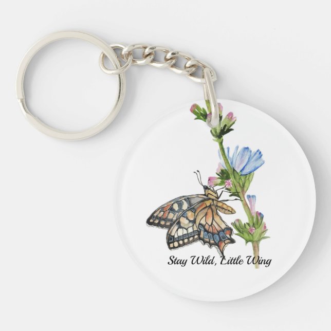 Porte-clefs Papillon aquarelle sur une fleur de chicorée (Devant)