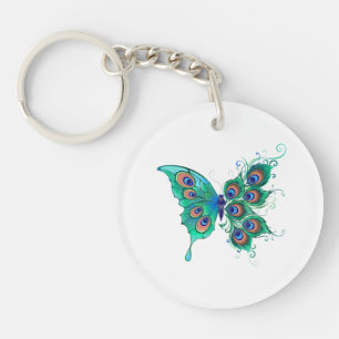 Porte-clefs Papillon aux plumes de paon vert