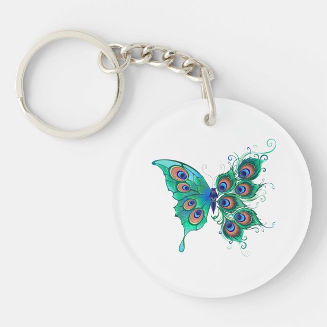 Porte-clefs Papillon aux plumes de paon vert (Devant)