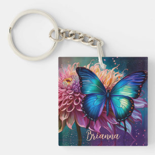 Porte-clefs Papillon bleu et Dahlia