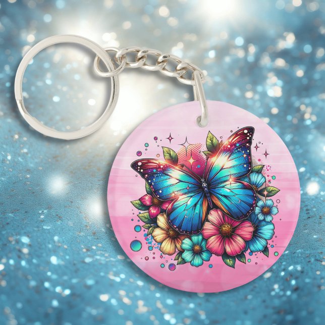 Porte-clefs Papillon bleu et fleurs roses Personnalisé (Créateur téléchargé)